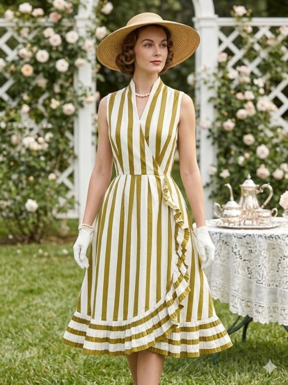 Vintage 50s Georgia Bullock Wrap Dress Mustard White Stripe Ruffle Pinup XS/S